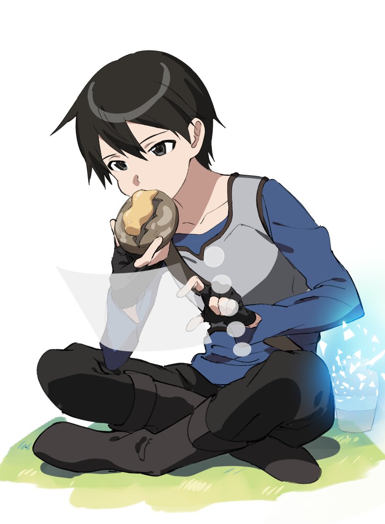 1boy, armor, black_eyes, black_footwear, black_hair, black_pants, blue_shirt, boots