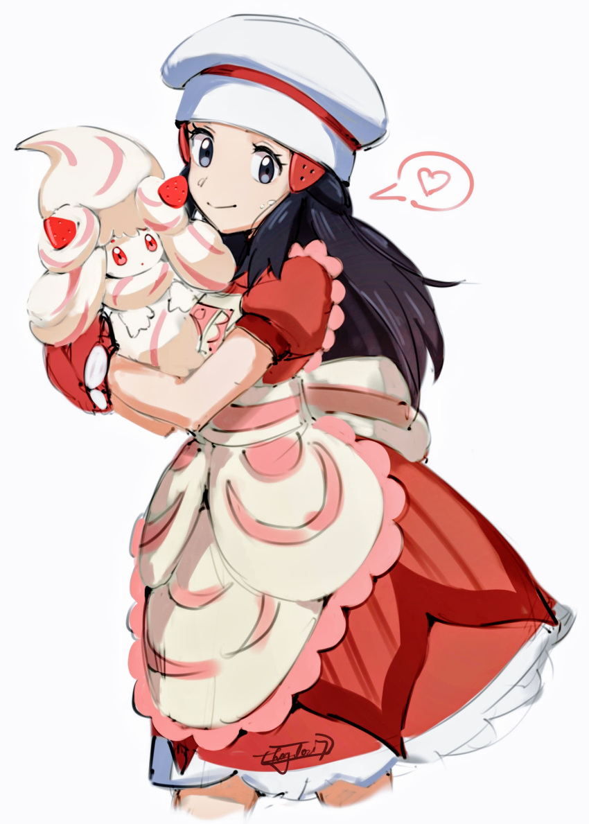 1girl, absurdres, alcremie, alcremie_(strawberry_sweet), apron, black_hair, chef_hat, closed_mouth