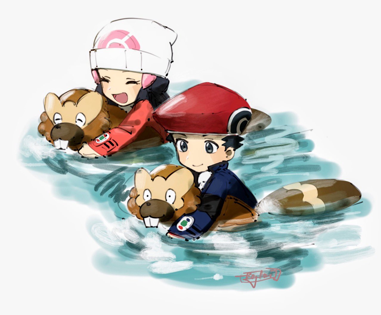 1boy, 1girl, beanie, bibarel, black_hair, blush, closed_eyes, closed_mouth, coat, commentary, hikari_(pokemon), english_commentary, eyelashes, gen_4_pokemon, grey_eyes, hair_ornament, hairclip, hat, hazel0217, long_hair, long_sleeves, lucas_(pokemon), open_mouth, pokemon, pokemon_(creature), pokemon_(game), pokemon_dppt, pokemon_platinum, red_headwear, riding_pokemon, ripples, short_hair, signature, sketch, smile, surf_(pokemon), tongue, water, white_headwear, |d