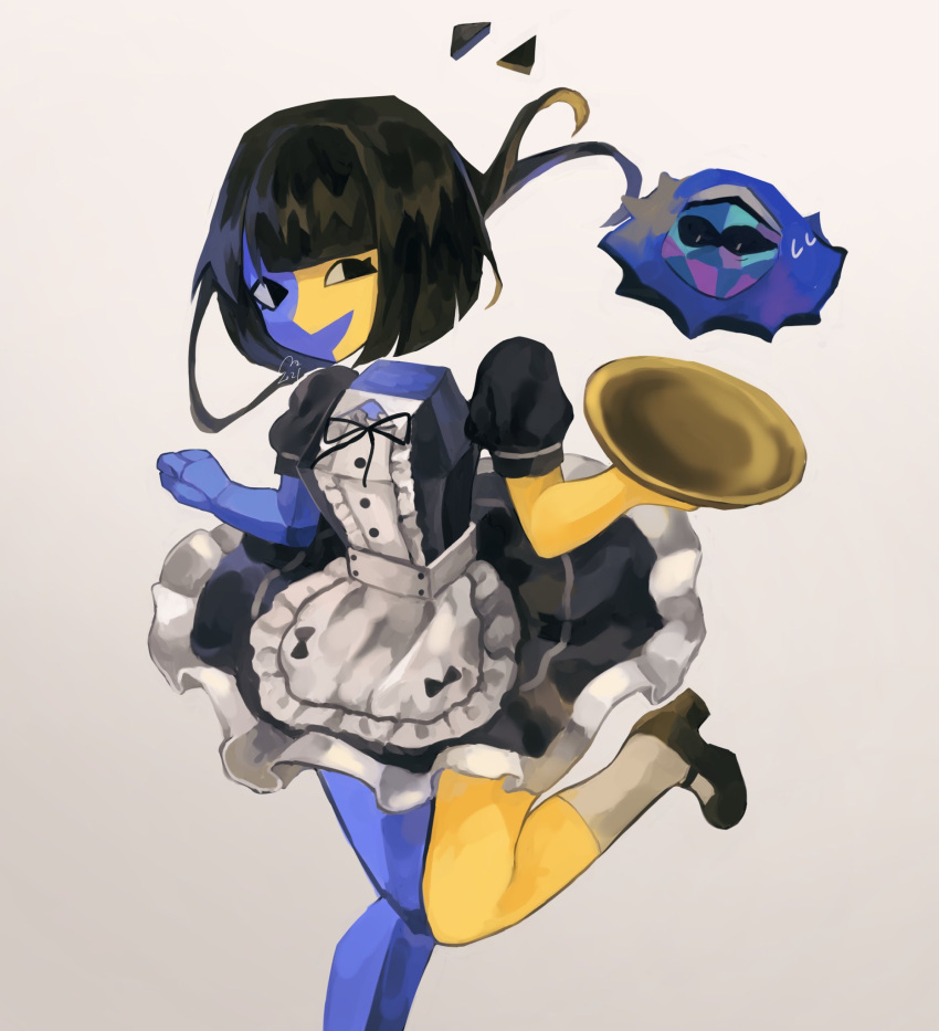 1girl, :d, apron, bangs, black_dress, black_hair, black_ribbon, blue_skin