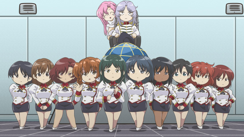 1boy, 6+girls, adjutant_(agent_aika), agent_aika, aika_(series), black_eyes, black_hair, black_neckwear, black_skirt, blue_hair, breasts, brown_hair, chibi, closed_mouth, covered_nipples, cravat, crossed_legs, dark_skin, dark-skinned_female, delmo_commander, delmogeny_uniform, dress, earrings, etsuko_nina, green_hair, hagen_rudolf, high_heels, highres, jacket, jewelry, juliet_sleeves, kuroyoshi, lineup, long_hair, long_sleeves, looking_at_viewer, makeup, military, military_uniform, mole, mole_under_eye, multiple_girls, neena_hagen, pencil_skirt, pink_hair, puffy_sleeves, redhead, short_hair, siblings, sitting, skirt, smile, standing, underwear, uniform, white_delmo, white_delmo_n, white_delmo_p, white_delmo_r, white_footwear, white_jacket