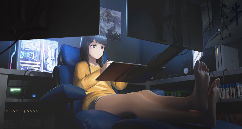 1girl, absurdres, barefoot, black_hair, blurry, blurry_foreground, brown_eyes, chair