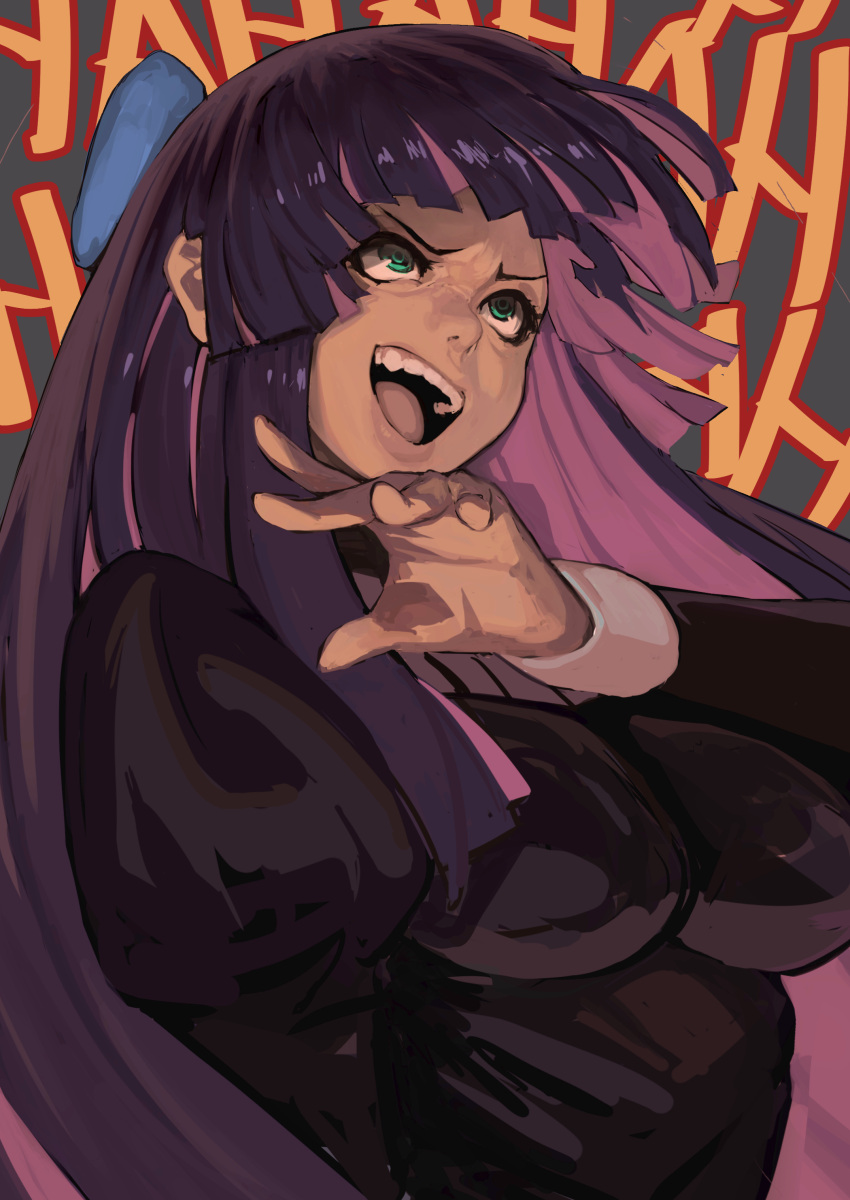 1girl, absurdres, colored_inner_hair, green_eyes, highres, laughing, lolita_fashion, long_hair, multicolored_hair, ojou-sama_pose, panty_&amp;_stocking_with_garterbelt, stocking_(psg), teeth, two-tone_hair, unizama, upper_body, very_long_hair