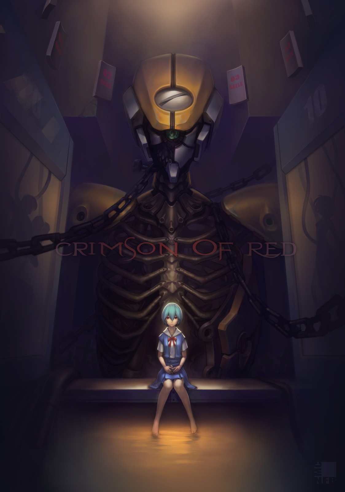 ayanami_rei, barefoot, blue_hair, bow, chain, engrish, eva_00, highres, lcl, neon_genesis_evangelion, nfb-zmc, ranguage, red_eyes, ribbon, school_uniform, seele, short_hair, sitting, skeleton