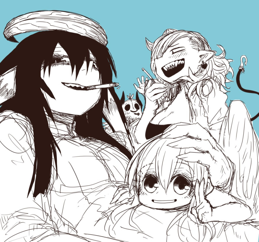 1boy, 3girls, black_horns, blue_background, breasts, cigarette, demon_boy, demon_girl