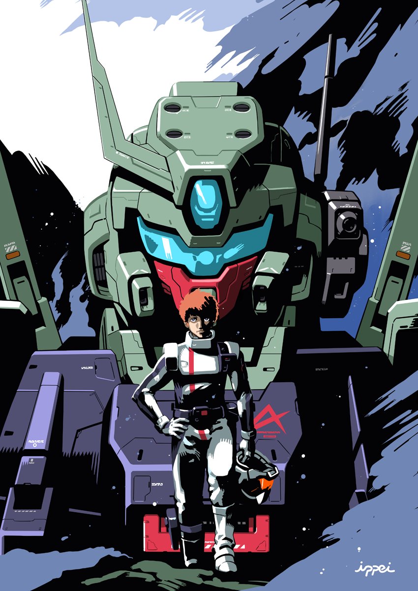 1boy, amuro_ray, artist_name, black_eyes, brown_hair, cover, gundam, gundam_ace, gyoubu_ippei, hand_on_hip, headwear_removed, helmet, helmet_removed, highres, holding, holding_helmet, jeddah, looking_back, magazine_cover, male_focus, mecha, mobile_suit, mobile_suit_moon_gundam, pilot_suit, radio_antenna, science_fiction, solo_focus, textless, upper_body, walking