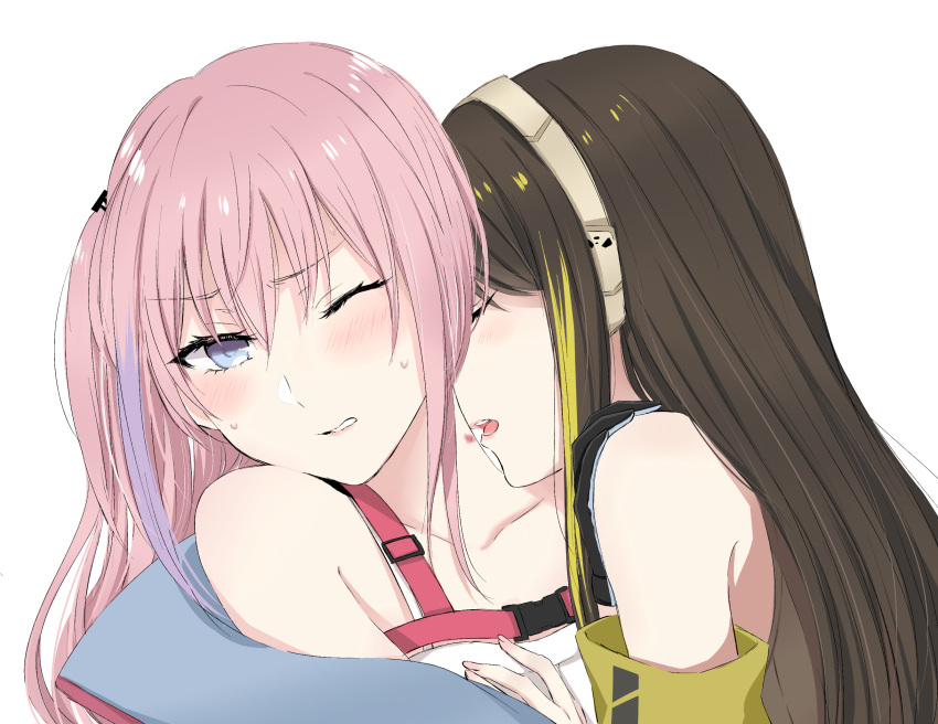 2girls, bare_shoulders, blue_eyes, blush, brown_hair, eyebrows_visible_through_hair, girls_frontline, gradient_hair