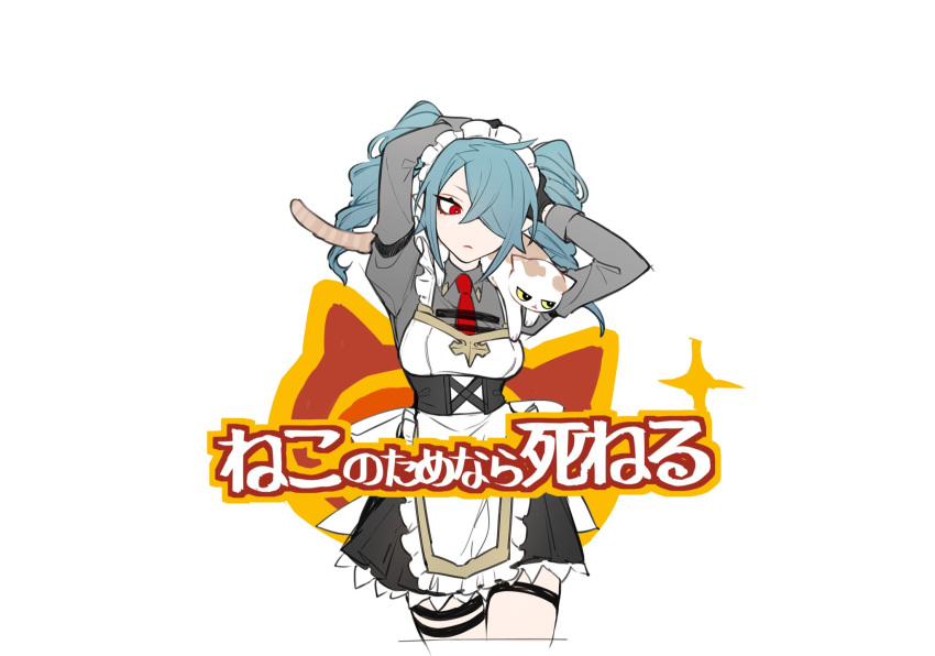 1girl, animal_on_shoulder, apron, black_skirt, cat, cat_on_shoulder, collared_shirt, drill_hair