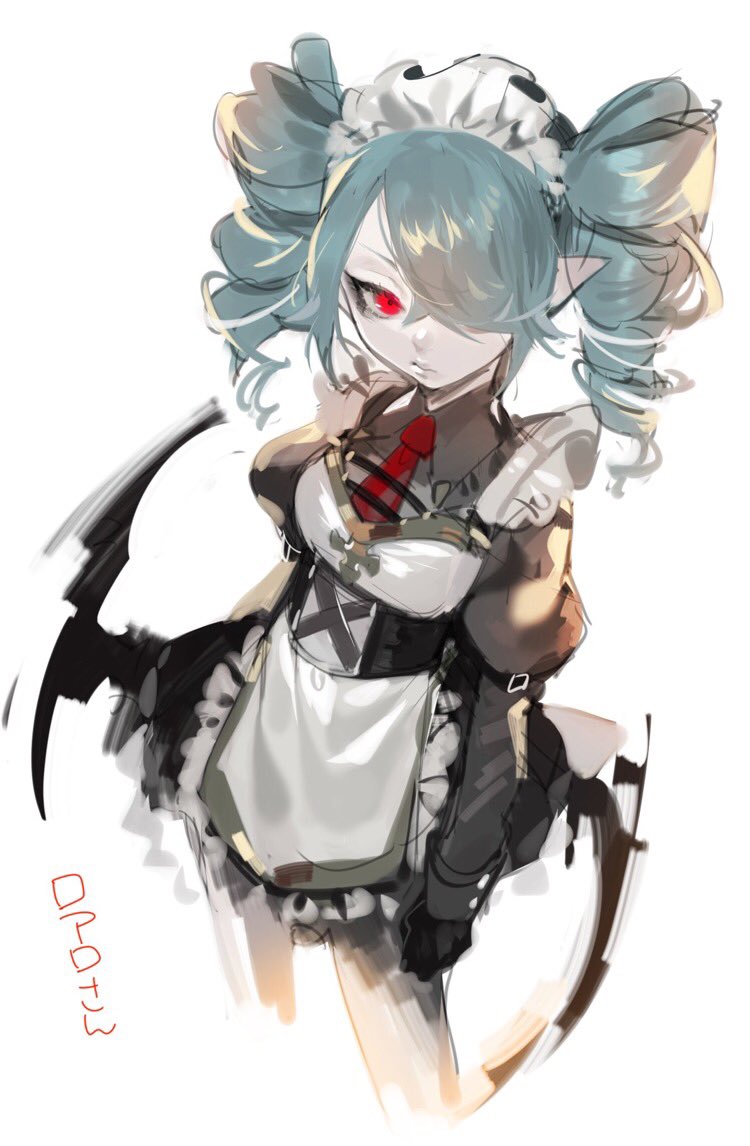 1girl, apron, black_dress, breasts, collared_shirt, dress, drill_hair, first-chan_(loalo)