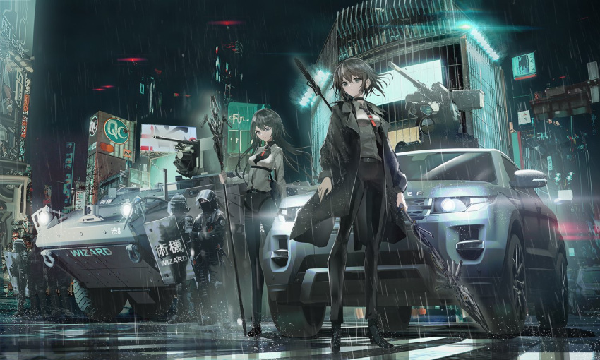 2girls, 4boys, black_eyes, black_hair, black_neckwear, black_pants, breasts, car