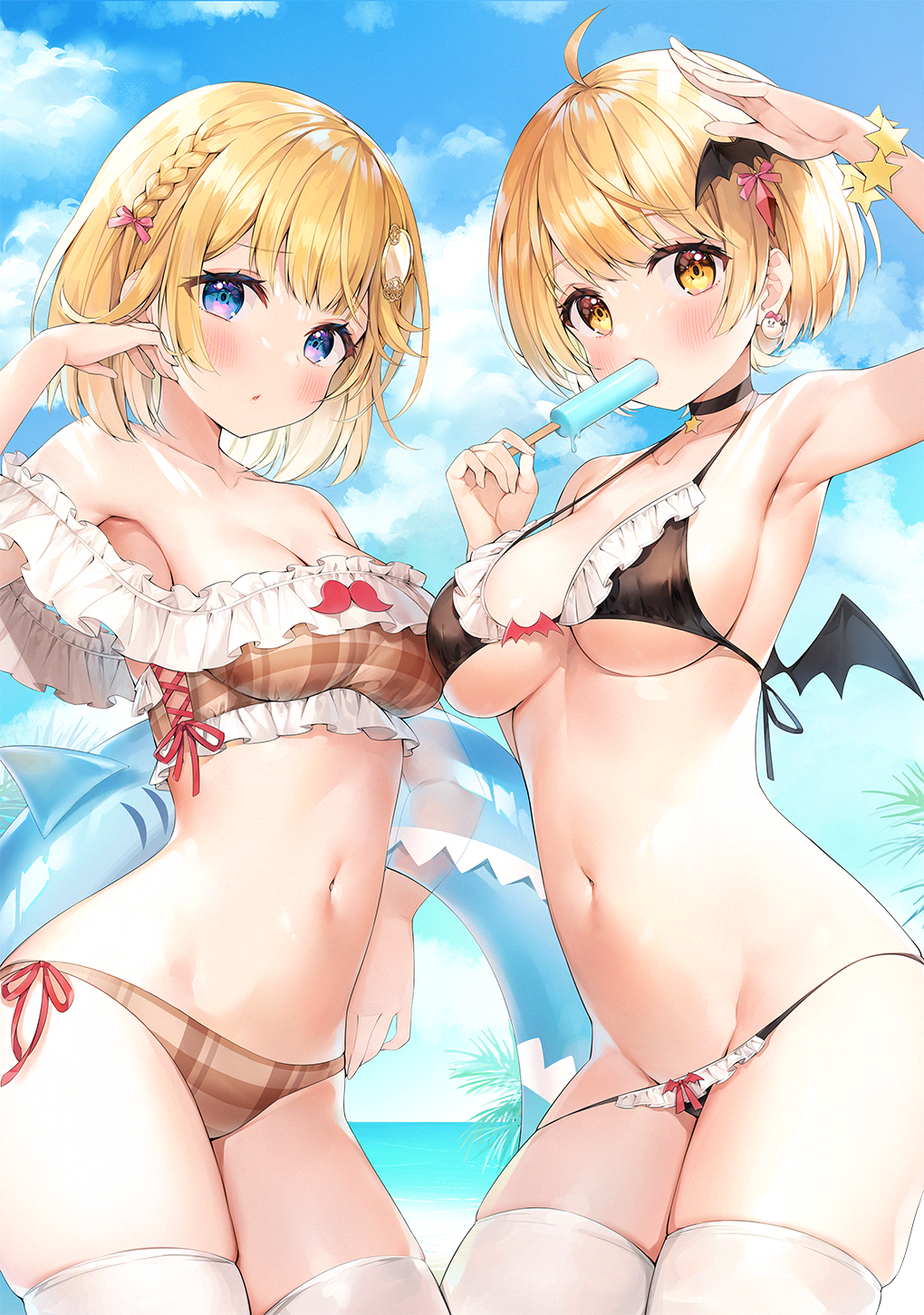 2girls, ahoge, armpits, ayamy, bangs, bare_shoulders, bat_hair_ornament, bikini