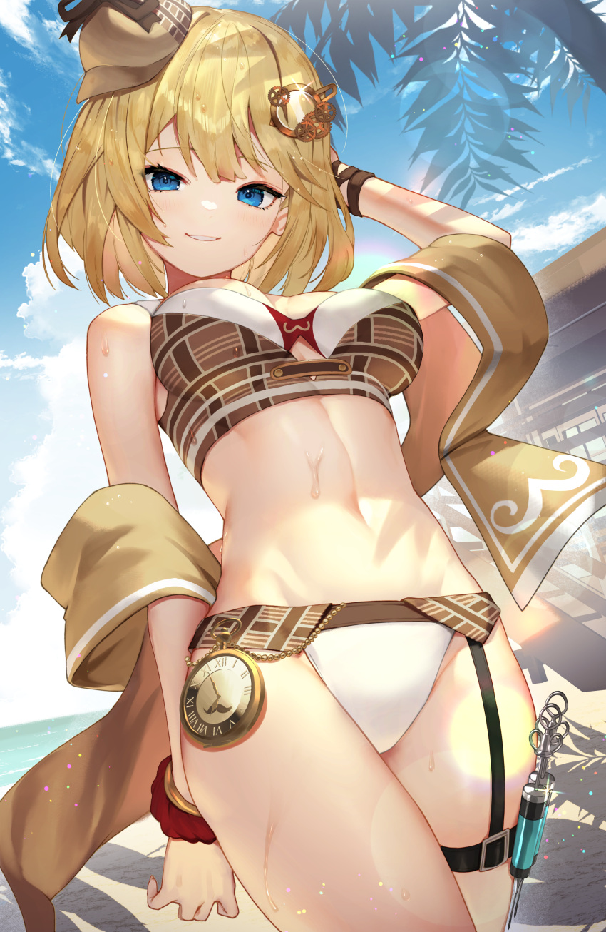 1girl, absurdres, adapted_costume, arm_up, bare_shoulders, baseball_cap, beach, bikini
