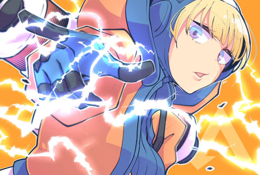 1girl, apex_legends, backpack, bag, bangs, blue_bodysuit, blue_eyes, blue_gloves