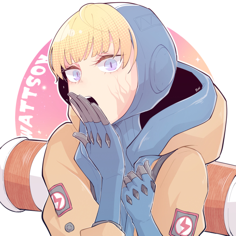 1girl, :o, apex_legends, backpack, bag, bangs, blue_bodysuit, blue_gloves