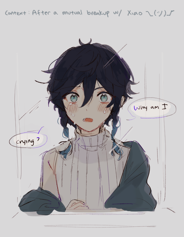 1boy, androgynous, bangs, black_hair, blue_hair, blush, braid, confused, crying, crying_with_eyes_open, english_text, eyebrows_visible_through_hair, genshin_impact, gradient_hair, green_eyes, jacket, jacket_on_shoulders, jing68242007, looking_at_viewer, male_focus, multicolored_hair, open_mouth, short_hair_with_long_locks, simple_background, single_bare_shoulder, sketch, sleeveless, solo, speech_bubble, sweater, tears, turtleneck, turtleneck_sweater, twin_braids, venti_(genshin_impact)