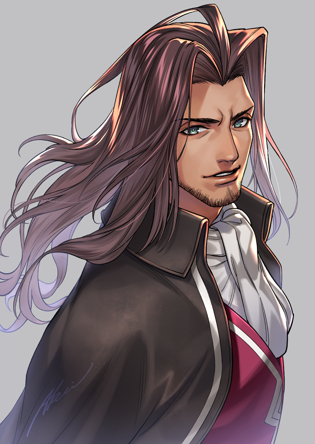 1boy, beard, black_cape, black_hair, cape, dunban_(xenoblade), facial_hair, grey_background, iroha_(akei0710), long_hair, looking_at_viewer, male_focus, parted_lips, red_vest, simple_background, solo, upper_body, vest, xenoblade_chronicles, xenoblade_chronicles_(series)