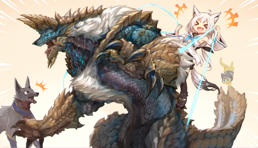 >_<, 1girl, :d, ^^^, absurdres, animal_ears, canyne, commentary_request