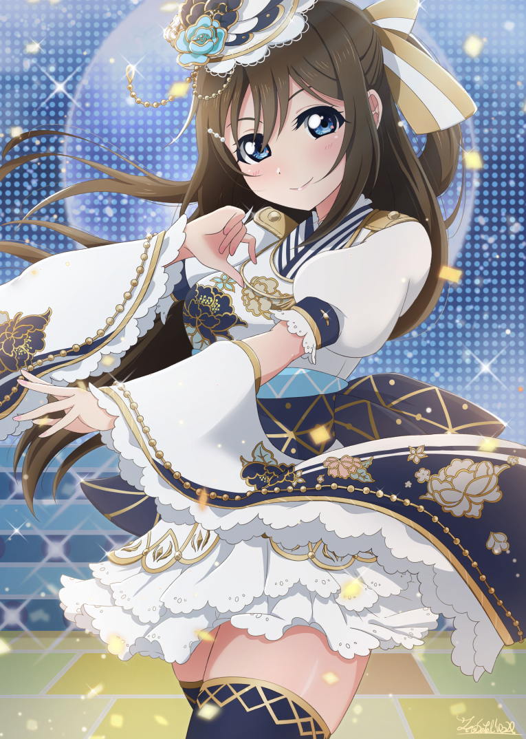 1girl, blue_eyes, brown_hair, furisode, hair_between_eyes, japanese_clothes, ketsui_no_hikari, kimono