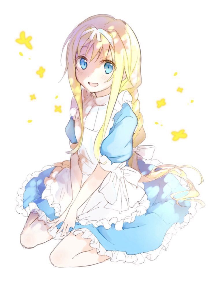 1girl, alice_zuberg, apron, blonde_hair, blue_dress, blue_eyes, bow, braid