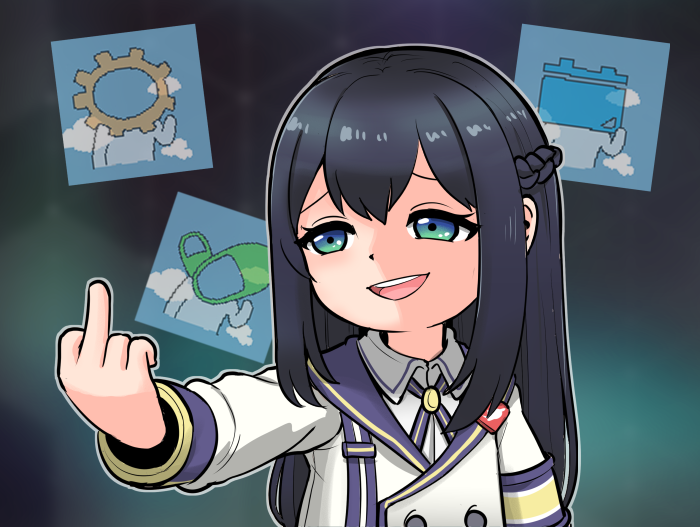 1girl, braid, c-33_andvari, cjrb1228, dark_blue_hair, gameplay_mechanics, gesture, green_eyes, last_origin, long_hair, middle_finger, open_mouth, smug, solo, solo_focus, very_long_hair