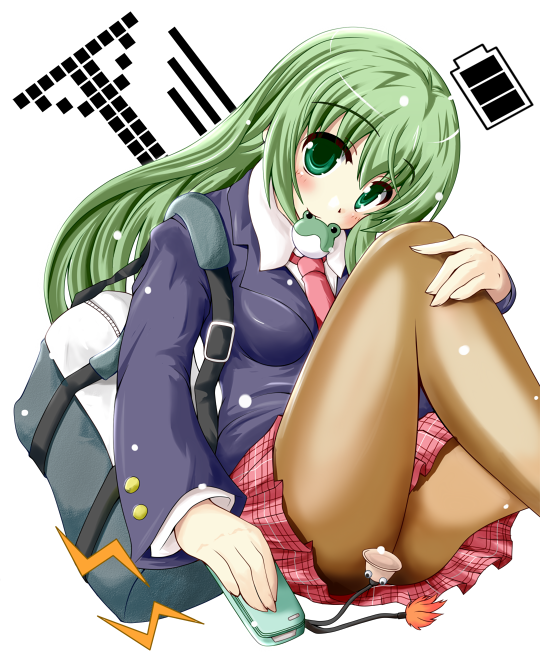 blazer, cellphone, cellphone_radio_bar, frog, green_eyes, green_hair, hiiragi_tomoka, kochiya_sanae