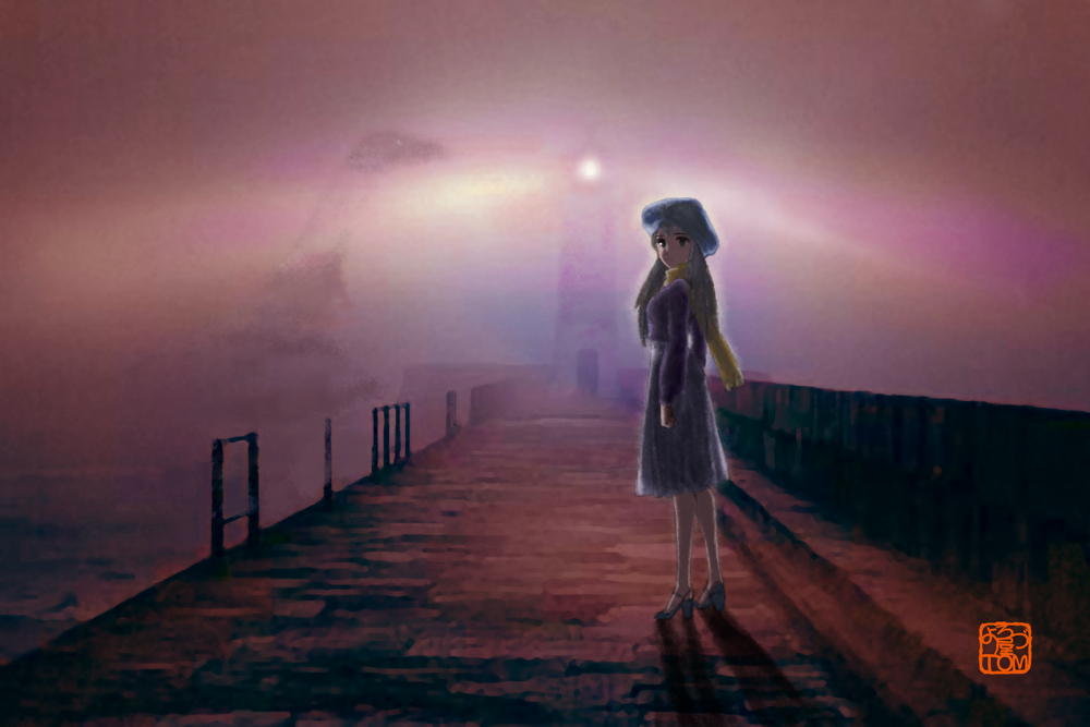 1girl, blonde_hair, blue_headwear, chutohampa, dress, fog, hat, light