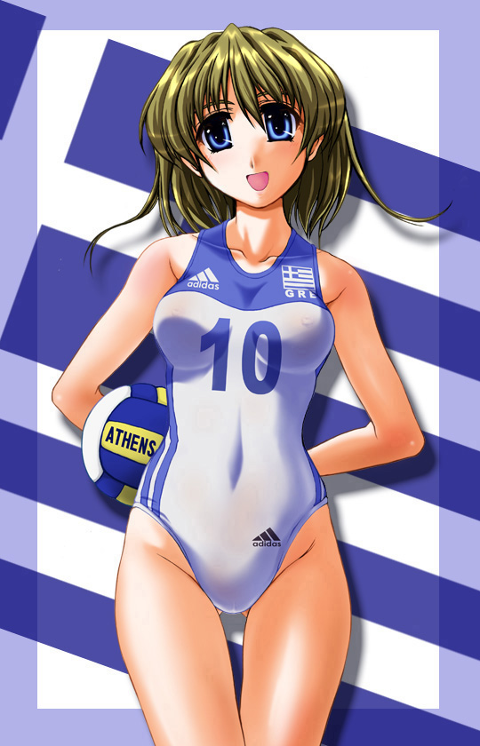 1girl, :d, abriel00, adidas, arms_behind_back, ball, blonde_hair, breasts