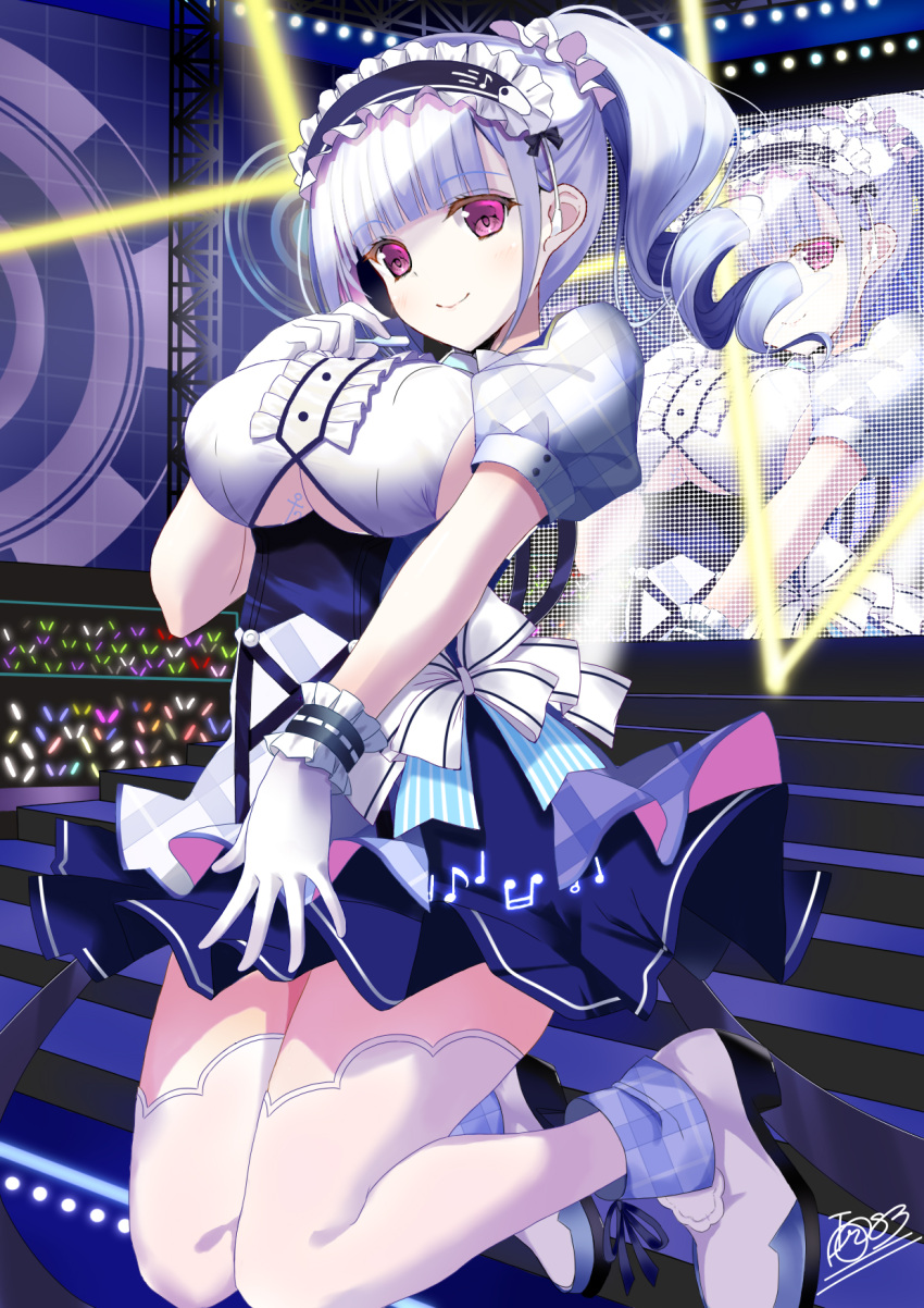 1girl, azur_lane, blue_hair, blue_skirt, breasts, center_frills, clothing_cutout, dido_(azur_lane)