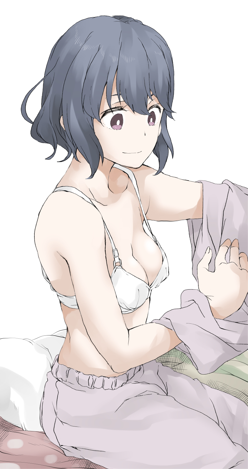 1girl, bed, bed_sheet, blue_hair, bra, changing_clothes, closed_mouth, collarbone