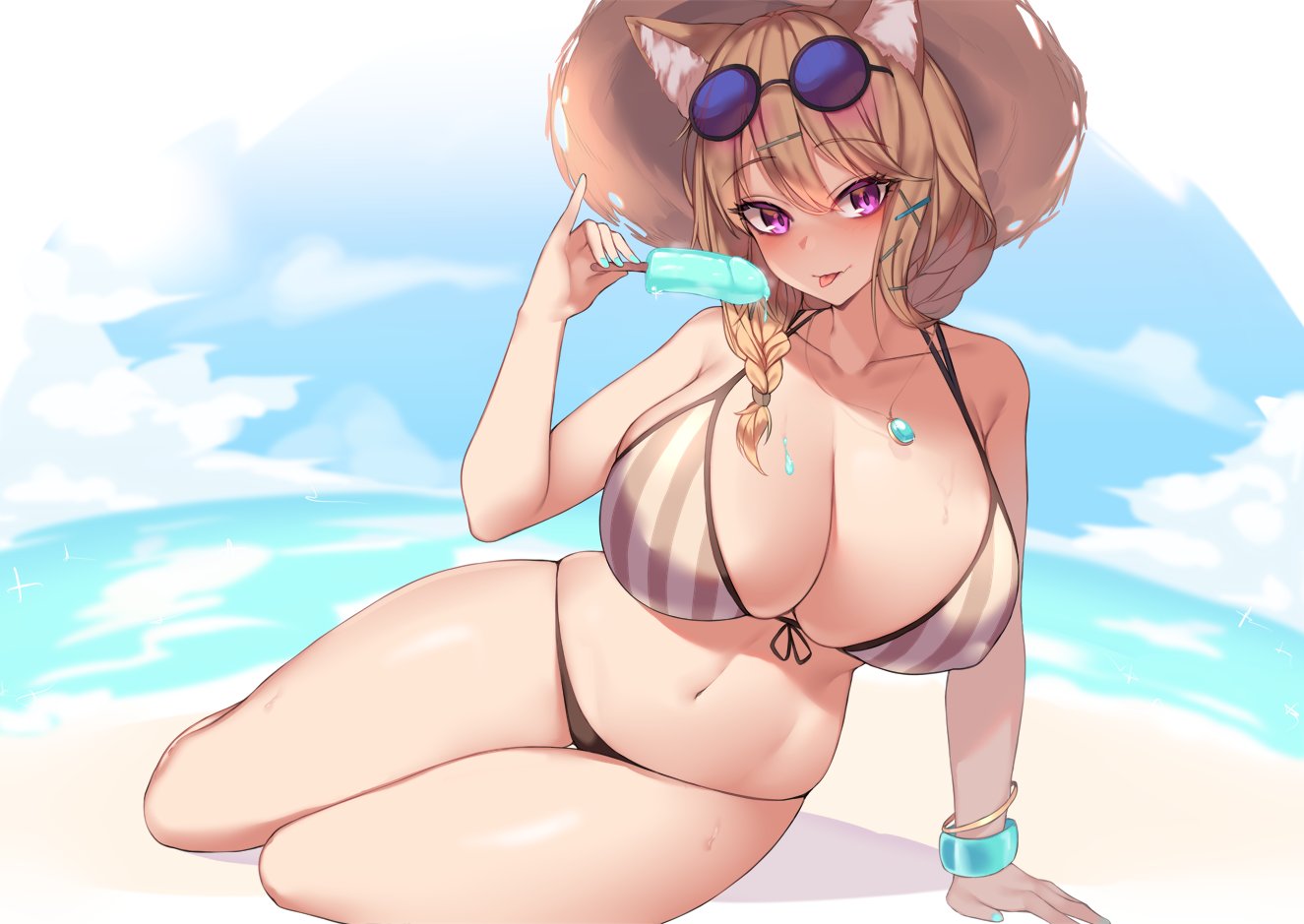 1girl, animal_ear_fluff, animal_ears, arknights, arm_support, bare_shoulders, bikini, blue_sky