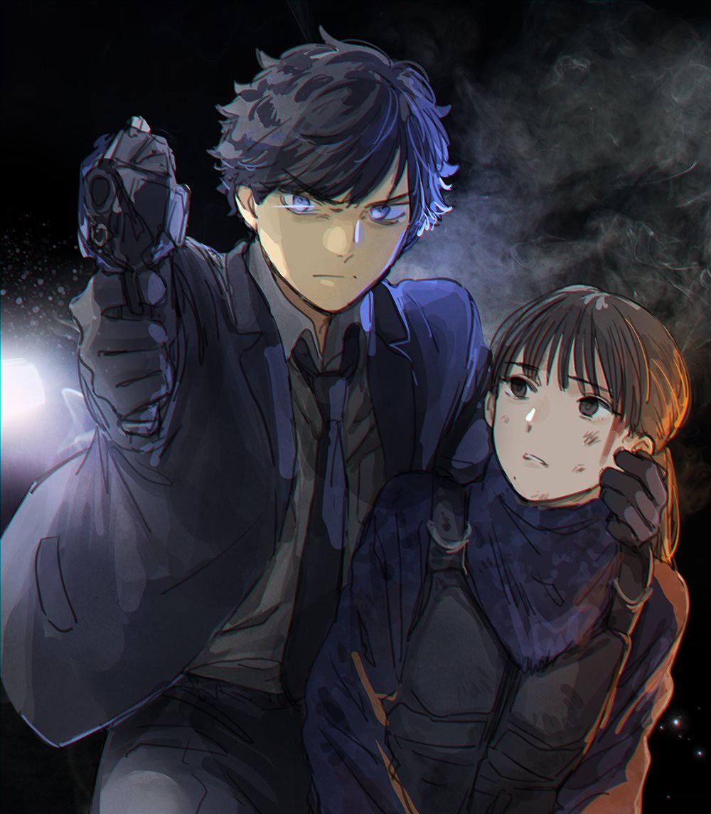 01mms01, 1boy, 1girl, black_background, black_hair, blood, blue_eyes, body_armor