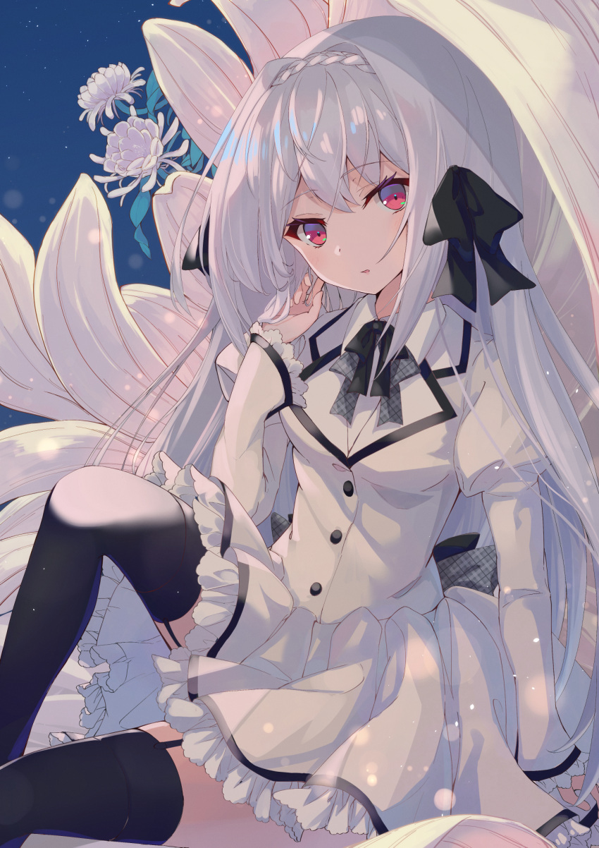 1girl, bangs, black_bow, black_legwear, bow, braid, breasts, coffee1223
