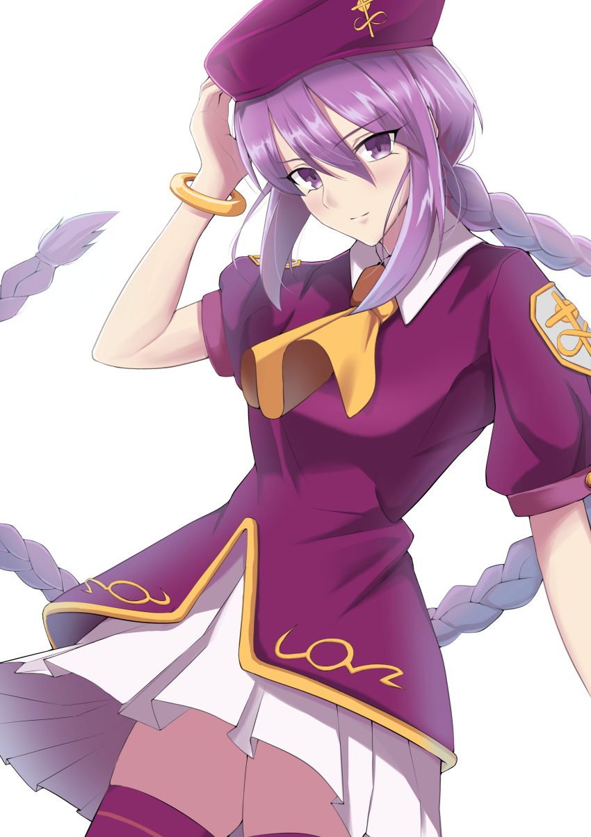 1girl, absurdres, ascot, blush, bracelet, braid, dutch_angle, hair_between_eyes