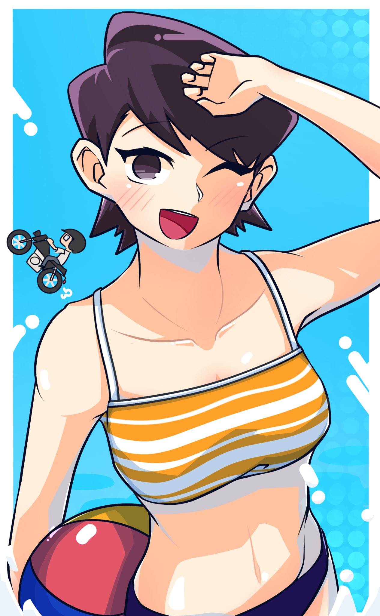 1boy, 1girl, ball, beachball, bikini, bikini_bottom, bikini_top, black_hair