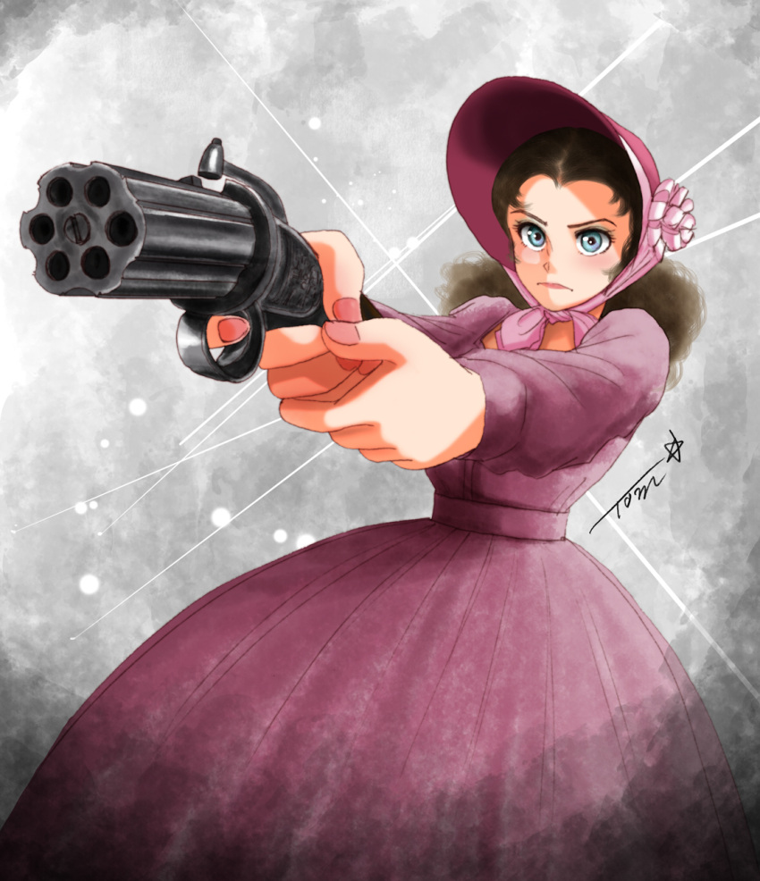 1girl, blue_eyes, blush, bonnet, brown_hair, chutohampa, commentary_request, dress