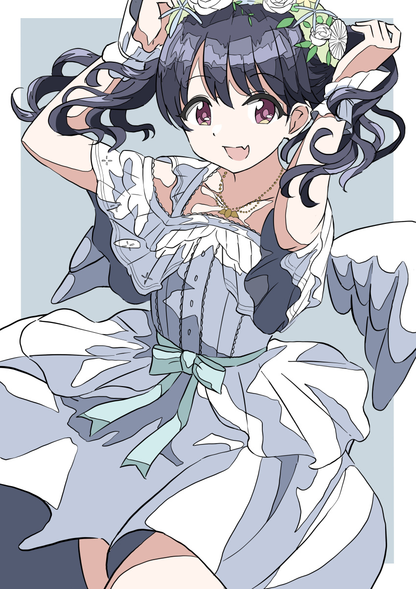 1girl, absurdres, adjusting_hair, angel_wings, aqua_ribbon, arms_up, black_hair, blue_background
