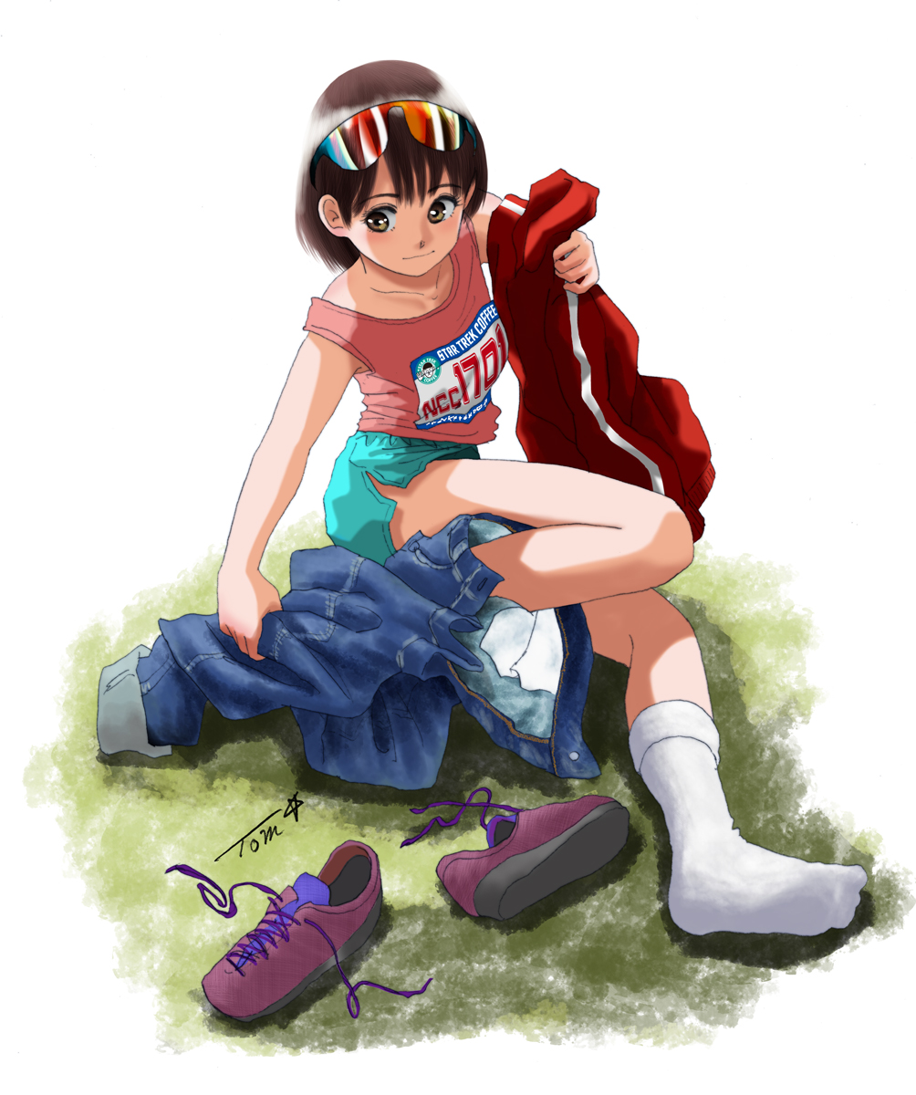 1girl, aqua_shorts, blue_pants, brown_footwear, brown_hair, chutohampa, eyewear_on_head, highres