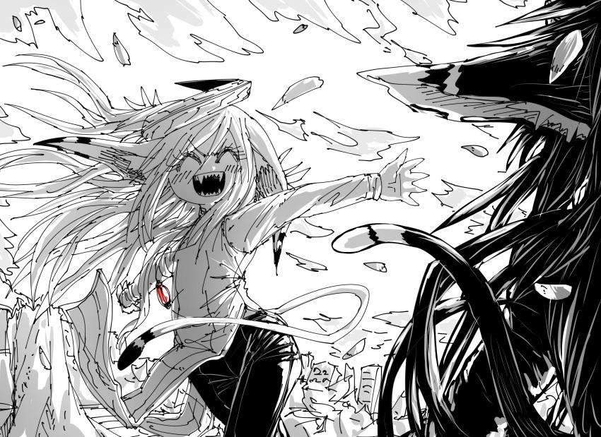 2girls, =_=, absurdres, black_hair, black_pants, byakuren_(mazohana), fangs, highres