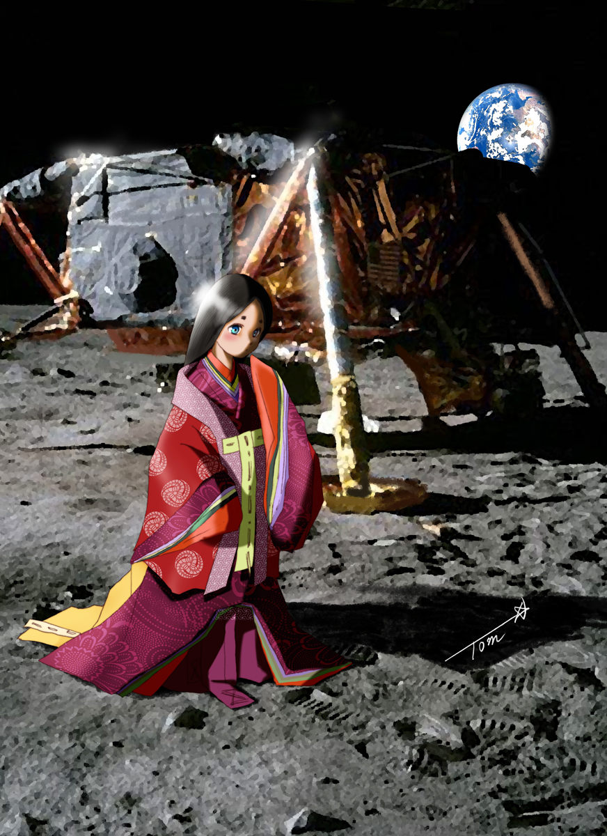 1girl, apollo_11, aqua_eyes, black_hair, blush, chutohampa, eagle_(spacecraft), earth_(planet)