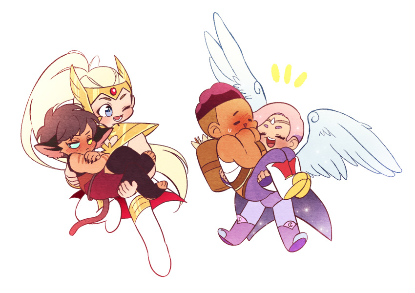 1boy, 3girls, adora_(she-ra), angel_wings, animal_ears, blonde_hair, blush, boots