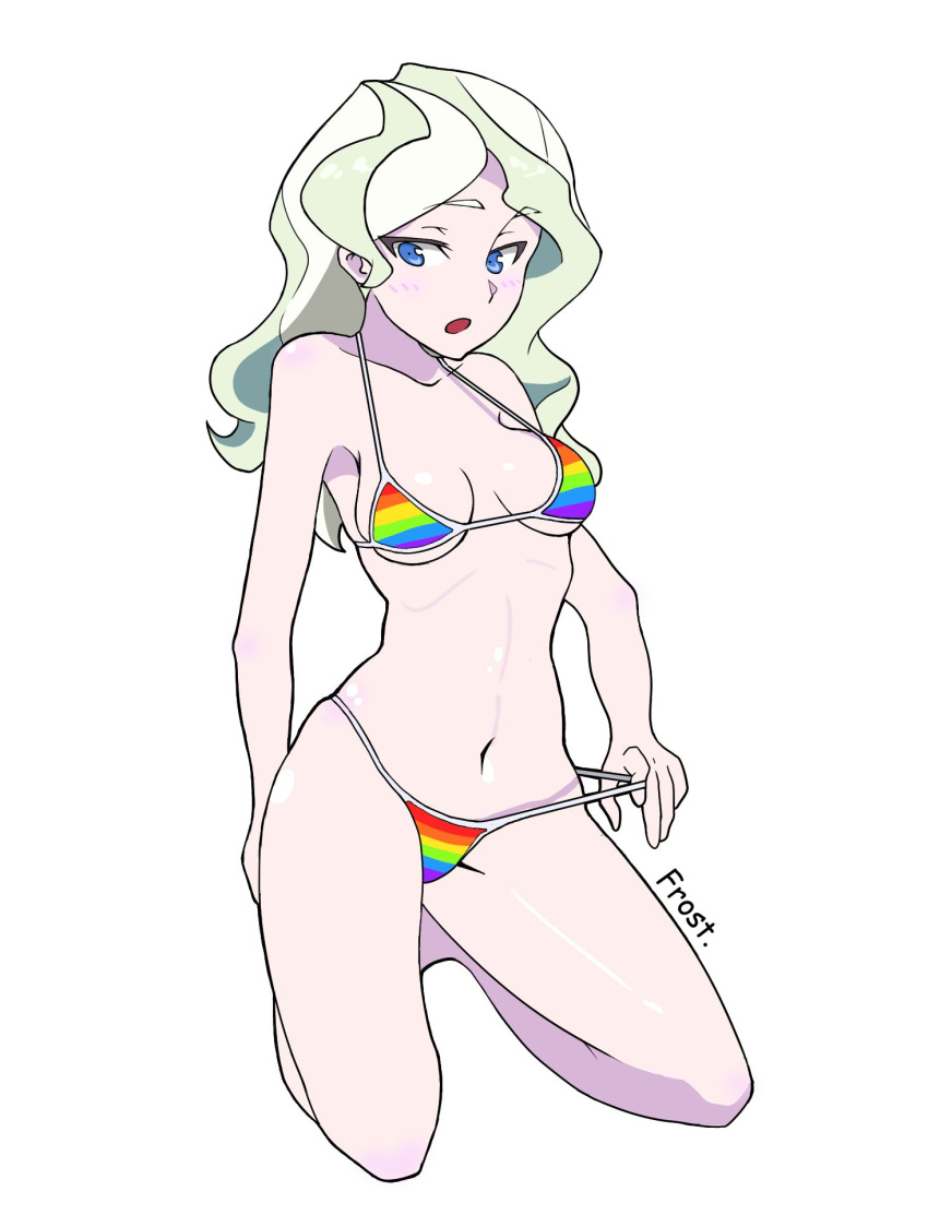 1girl, arm_behind_back, artist_name, bikini_tug, blonde_hair, blue_eyes, blush, breasts, diana_cavendish, eyebrows, groin_tendon, highres, kneeling, little_witch_academia, looking_at_viewer, medium_hair, navel, open_mouth, project-disrubtion, rainbow_bikini, small_breasts, solo, thighs, trigger_(company), wavy_hair