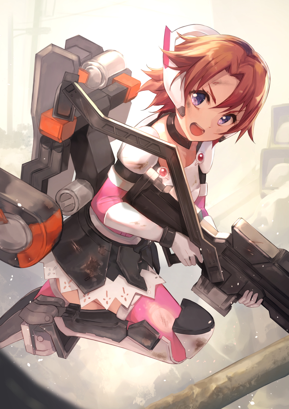 1girl, armor, assassin_(danball_senki), backpack, bag, bangs, breasts, choker, commentary_request, cowengium, danball_senki, dirty, dirty_clothes, dirty_face, elbow_gloves, exoskeleton, gloves, gun, headset, highres, looking_at_viewer, mecha_musume, miniskirt, orange_hair, pink_legwear, rifle, riko_(soukou_musume_senki), short_hair, skirt, small_breasts, sniper_rifle, solo, soukou_musume_senki, thigh-highs, violet_eyes, weapon, white_gloves