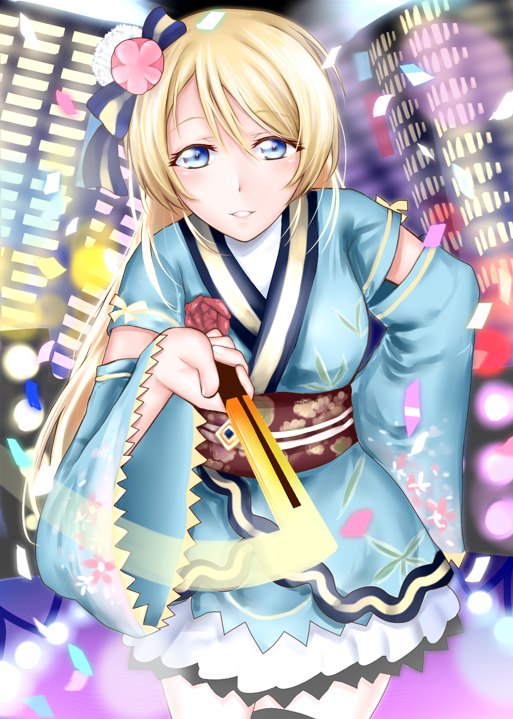1girl, alternate_costume, ayase_eli, blonde_hair, blush, cityscape, detached_sleeves, fan