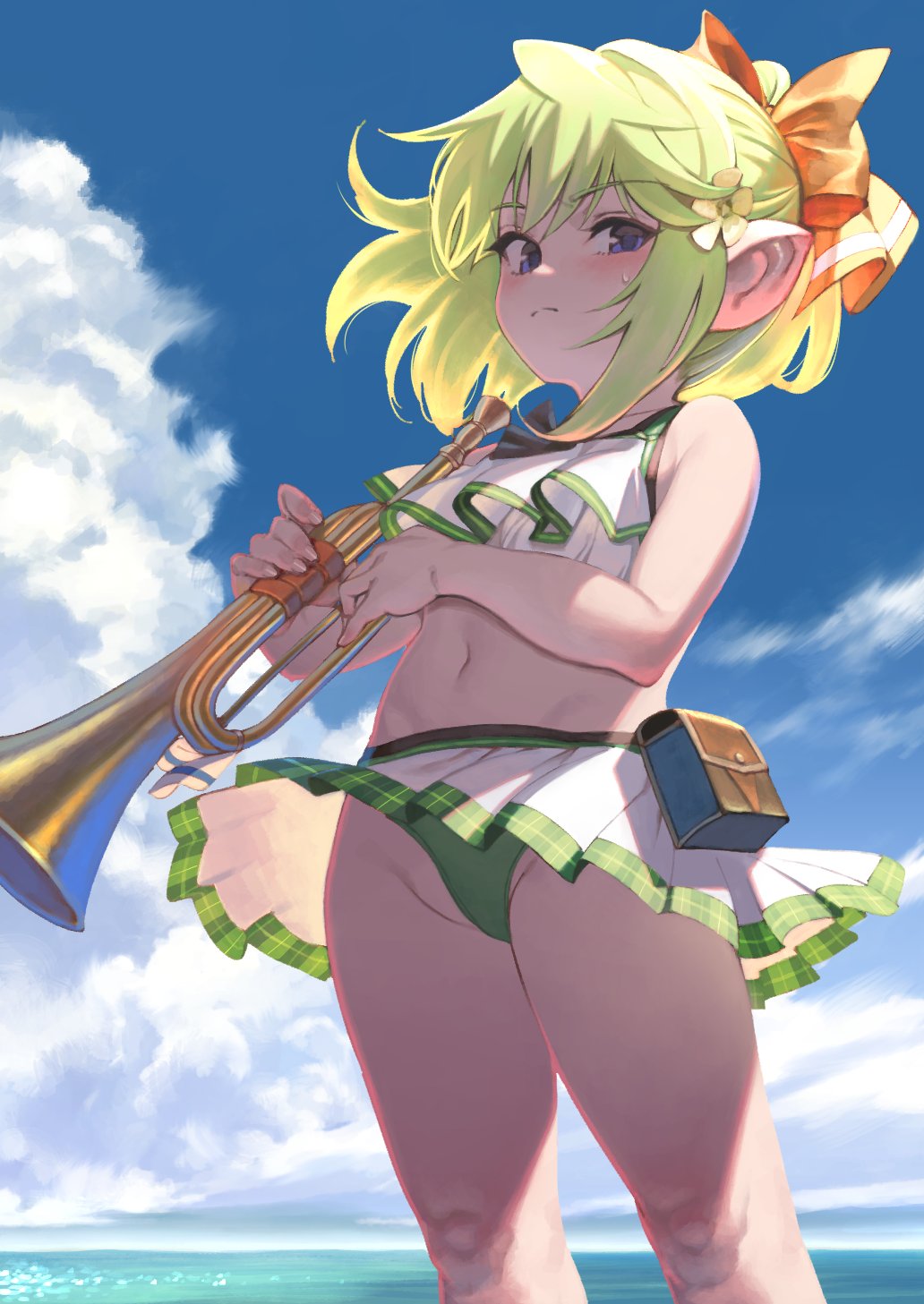 1girl, bikini, blonde_hair, blue_sky, closed_mouth, clouds, day, flower, granblue_fantasy, green_hair, hair_flower, hair_ornament, hair_ribbon, highres, holding, holding_instrument, instrument, legs, looking_at_viewer, mimlememel, navel, ocean, okita_ababa, orange_ribbon, outdoors, pointy_ears, ribbon, short_hair, sky, solo, standing, sweatdrop, swimsuit, trumpet, violet_eyes, white_bikini, wind