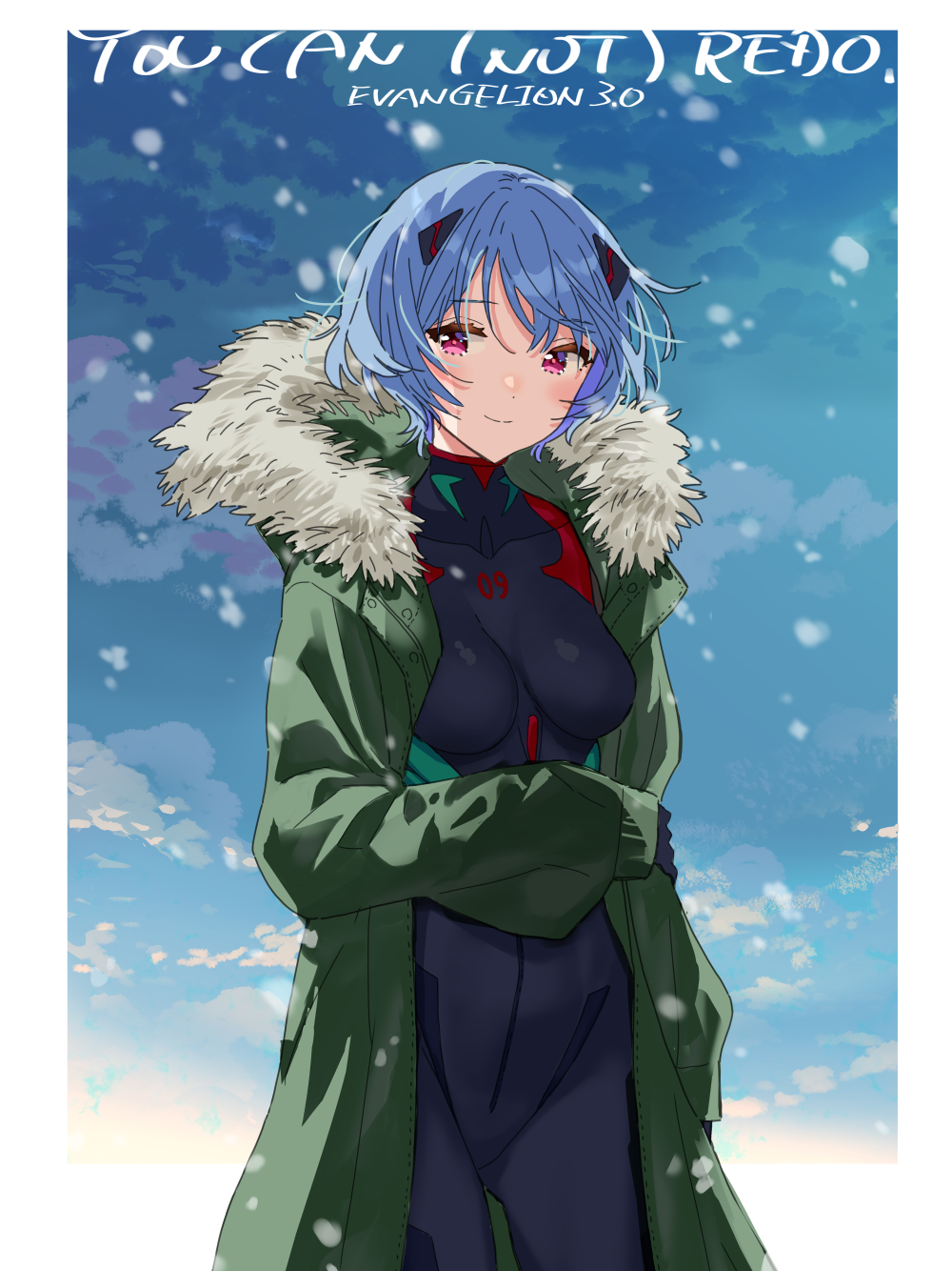 1girl, ayanami_rei, blue_hair, coat, english_text, fur_collar, hanae_haruka, highres