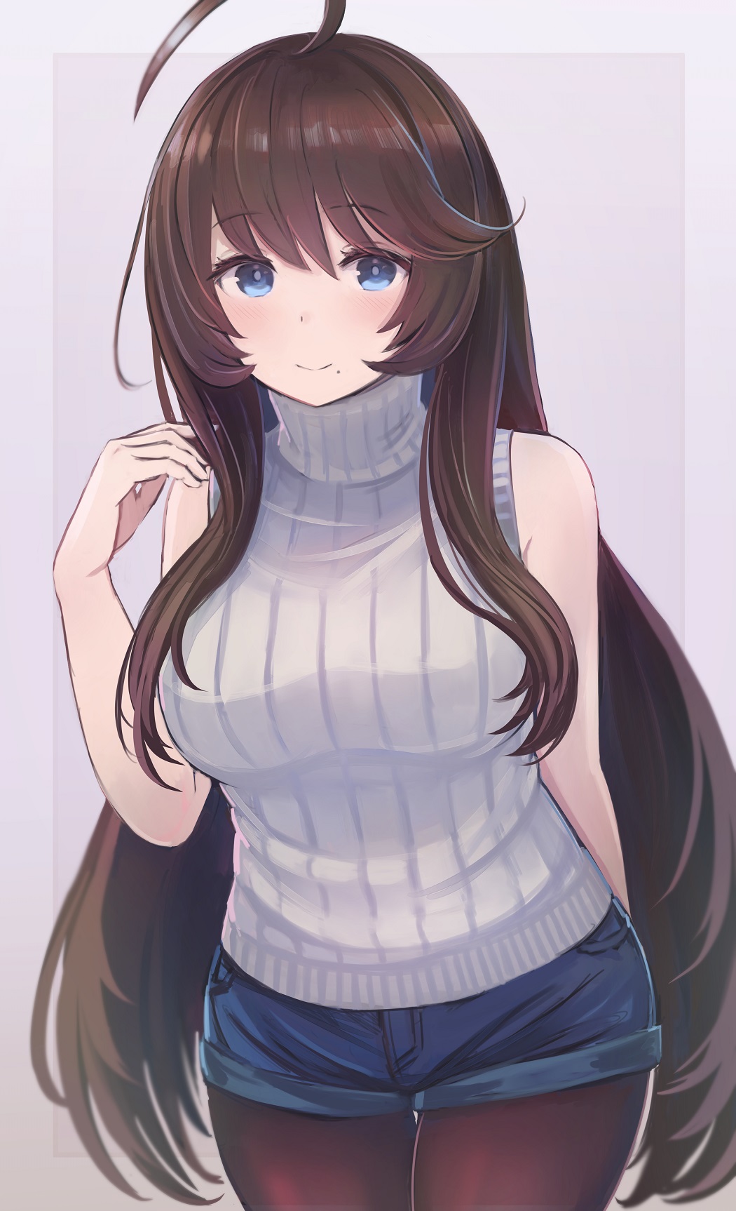 1girl, ahoge, bare_arms, bare_shoulders, blue_eyes, blue_shorts, breasts, brown_hair