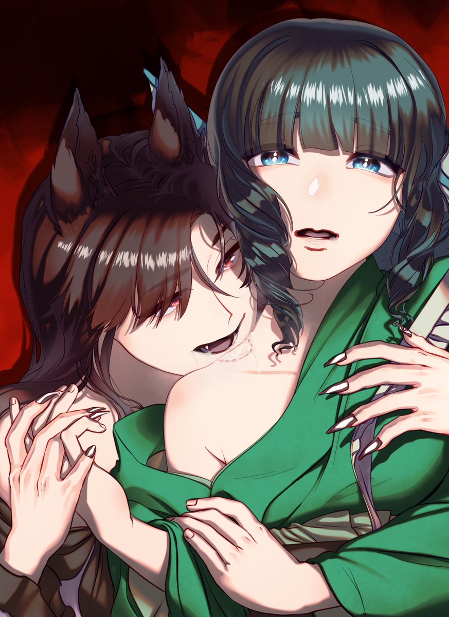 2girls, animal_ear_fluff, animal_ears, arm_around_shoulder, armpit_crease, bangs, bare_shoulders, bite_mark