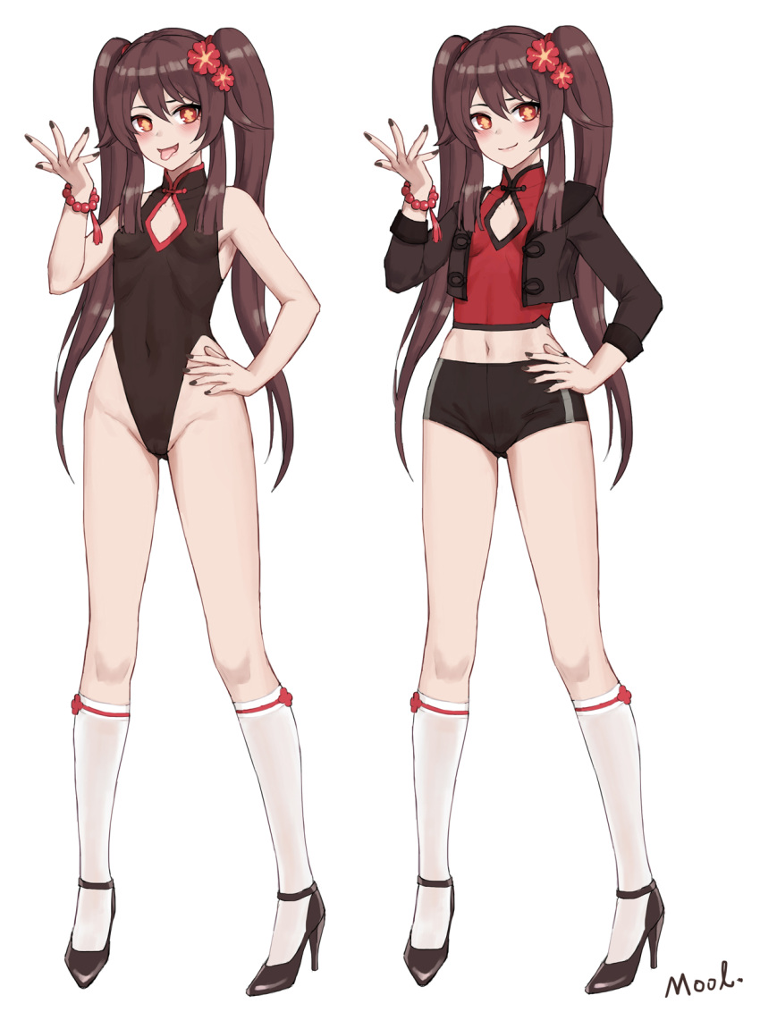 1girl, alternate_costume, artist_name, bangs, bare_shoulders, bead_bracelet, beads, black_buruma, black_footwear, black_jacket, black_leotard, black_nails, blush, bracelet, breasts, brown_hair, buruma, chinese_clothes, chinese_commentary, cleavage_cutout, clothing_cutout, collarbone, commentary_request, covered_navel, cropped_jacket, eyebrows_visible_through_hair, flower, flower-shaped_pupils, full_body, genshin_impact, groin, hair_between_eyes, hair_flower, hair_ornament, hand_on_hip, hand_up, high_heels, highres, hu_tao, jacket, jewelry, kneehighs, leotard, long_hair, long_sleeves, looking_at_viewer, midriff, mool_yueguang, nail_polish, navel, open_clothes, open_jacket, open_mouth, red_eyes, red_flower, red_shirt, ribbon-trimmed_legwear, ribbon_trim, ring, shirt, sidelocks, simple_background, sleeveless, sleeveless_shirt, small_breasts, smile, standing, symbol-shaped_pupils, thumb_ring, tongue, tongue_out, twintails, white_background, white_legwear