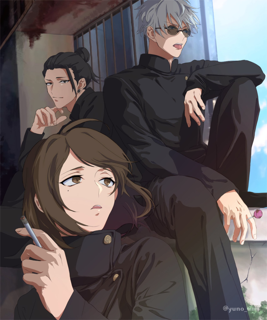 1girl, 2boys, bangs, black_eyes, black_hair, black_jacket, black_pants, brown_eyes