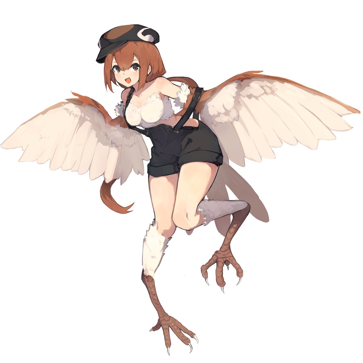 1girl, bangs, bare_shoulders, black_headwear, black_overalls, breasts, brown_eyes, brown_feathers
